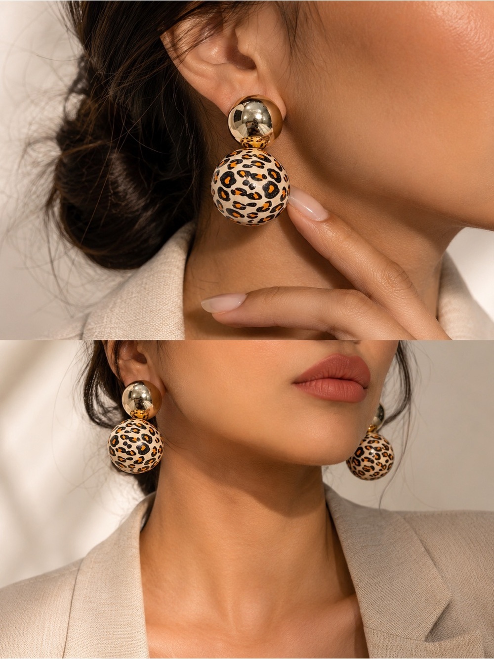 Leopard Print Double Ball Statement Earrings